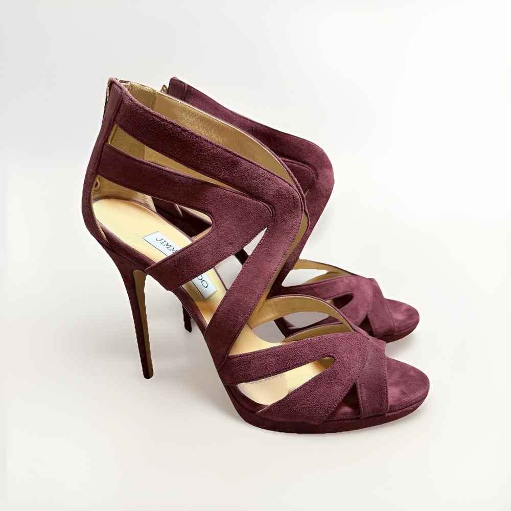 Jimmy Choo Women's Suede Sandal High‎ Heels Burgandy Size 40.5 Designer Luxury